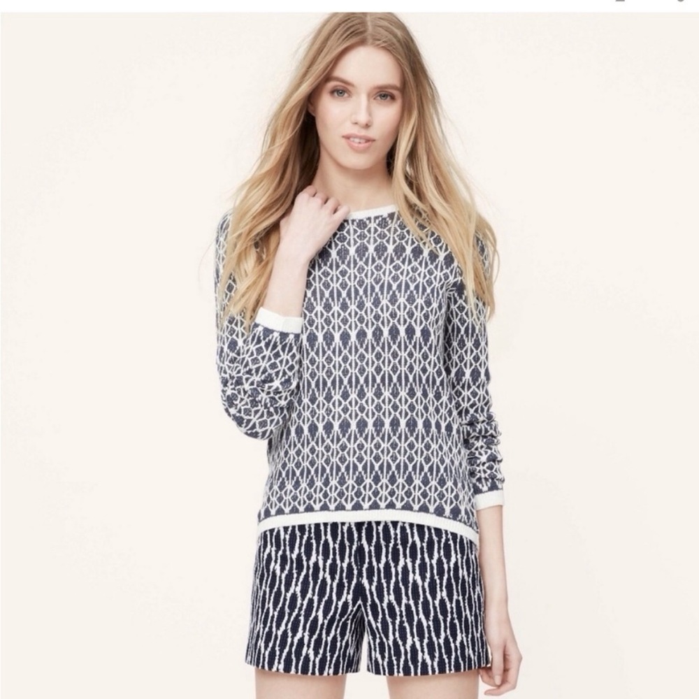 LOFT Blue and Ivory Linen Ikat Pullover Long Sleeve Sweater XSP